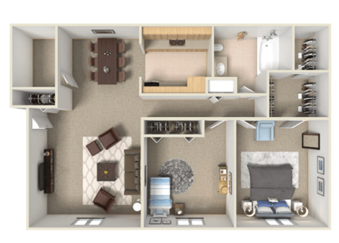 this is a 3d floor plan of a 1 bedroom apartment at the crossings at white marsh